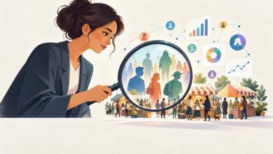 تحقیقات بازار چیست؛ تصویرسازی تحلیلگر بازاریابی در حال بررسی مشتریان و دادههای بازار با ذرهبین