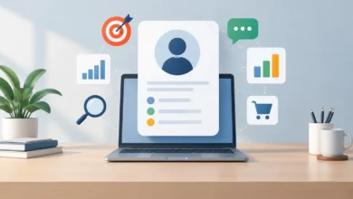 پرسونا چیست و کارت پرسونای مشتری کنار نمودارها و آیکون‌های بازاریابی